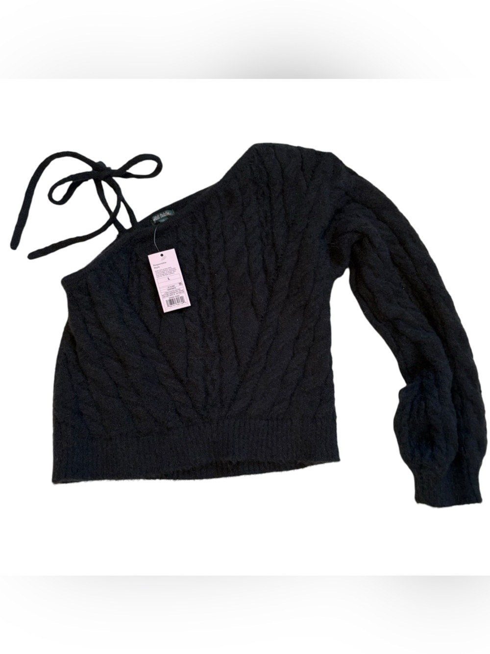 wild fable Black Off-the-Shoulder Cable Knit Sweater with Tie
